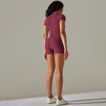 Дамско спортно облекло Безшевен комплект за йога Спортни блузи с къси ръкави и ципове Костюми с шорти Фитнес облекло Анцуг без ръкави