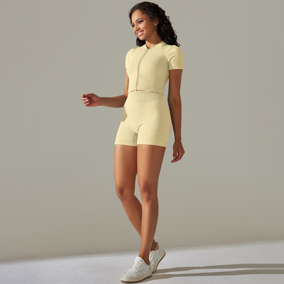 Sieviešu sporta apģērbs bezšuvju jogas komplekts ar īsiem rāvējslēdzējiem piedurknēm sporta topi, kostīmi ar šortiem, sporta zāle, fitnesa apģērbs bez piedurknēm