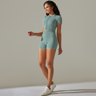 Sieviešu sporta apģērbs bezšuvju jogas komplekts ar īsiem rāvējslēdzējiem piedurknēm sporta topi, kostīmi ar šortiem, sporta zāle, fitnesa apģērbs bez piedurknēm