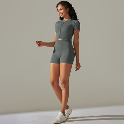 Sieviešu sporta apģērbs bezšuvju jogas komplekts ar īsiem rāvējslēdzējiem piedurknēm sporta topi, kostīmi ar šortiem, sporta zāle, fitnesa apģērbs bez piedurknēm