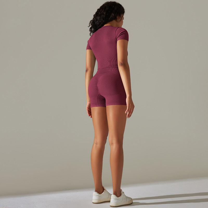 Sieviešu sporta apģērbs bezšuvju jogas komplekts ar īsiem rāvējslēdzējiem piedurknēm sporta topi, kostīmi ar šortiem, sporta zāle, fitnesa apģērbs bez piedurknēm