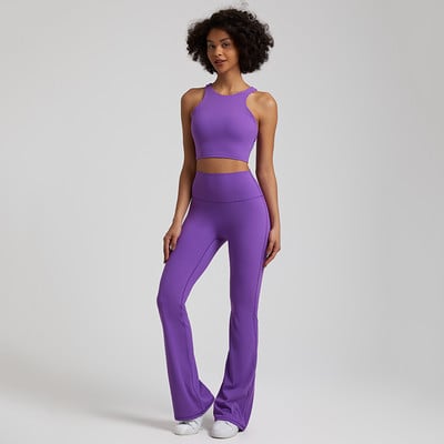 Naked Feel Joogakomplekt Treeningriietus naistele, 2-osaline polsterdatud Racerback Crop Top kõrge vöökohaga flare retuusid, spordisaali riided