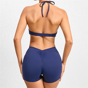 2024 Pad Halter Deep V Neck Exercise Yoga Set One Piece Gamsuit Women Sport Gym Workout Fitness Scrunch Shorts Active Rompers