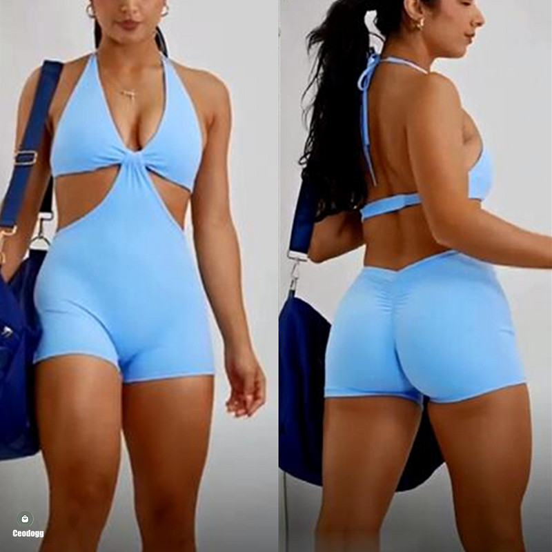 2024 Pad Halter Deep V Neck Treening joogakomplekt Ühes tükis naiste kombinesoon, jõusaali treening Fitness Scrunch Shorts Aktiivsed püksid