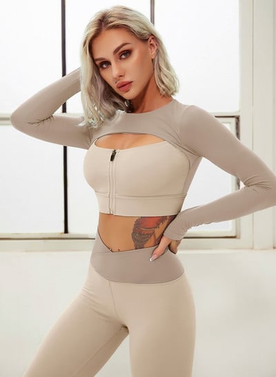 Cloud Hide Sexy Rāvējslēdzējs Jogas Komplekts Trenažieru zāle Fitness Sporta Uzvalki Sporta Apģērbs Sieviešu Apģērbs Joga Bikses Legingi Sporta Krūšturis Tops Sporta apģērbs