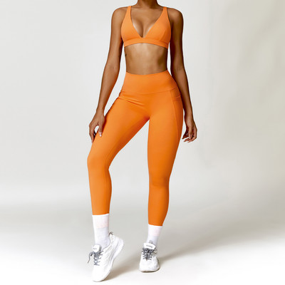 Naiste Quick Dry Jooga Fitnessikomplekt Jõusaaliriided Spordirõivad Spordidressi Treeningkomplekt Prantsuse kolmnurgaga Sport Rinnahoidja Taskuga Jõusaali säärised