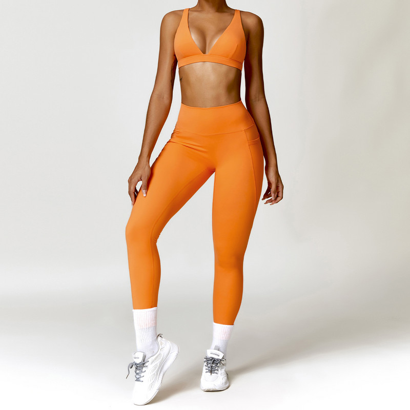 Naiste Quick Dry Jooga Fitnessikomplekt Jõusaaliriided Spordirõivad Spordidressi Treeningkomplekt Prantsuse kolmnurgaga Sport Rinnahoidja Taskuga Jõusaali säärised