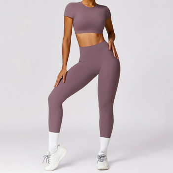 Дамски комплект за йога фитнес, секси спортен костюм с отворен гръб и къси ръкави, комфортен тренировъчен анцуг, облекло за тренировки в свободното време