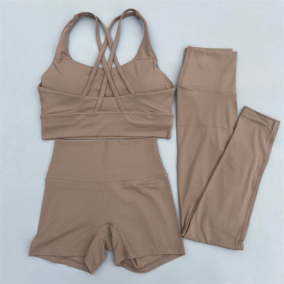 Σετ γυμναστηρίου 3 τεμαχίων Γυναικείο σετ γιόγκα Κοστούμι γυμναστικής χιαστί λουριά Σουτιέν γυμναστικής Σορτς ψηλόμεσο κολάν αθλητική φόρμα για τρέξιμο