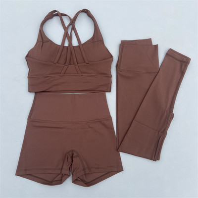 Σετ γυμναστηρίου 3 τεμαχίων Γυναικείο σετ γιόγκα Κοστούμι γυμναστικής χιαστί λουριά Σουτιέν γυμναστικής Σορτς ψηλόμεσο κολάν αθλητική φόρμα για τρέξιμο