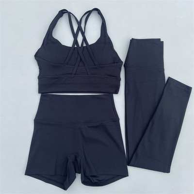 Σετ γυμναστηρίου 3 τεμαχίων Γυναικείο σετ γιόγκα Κοστούμι γυμναστικής χιαστί λουριά Σουτιέν γυμναστικής Σορτς ψηλόμεσο κολάν αθλητική φόρμα για τρέξιμο