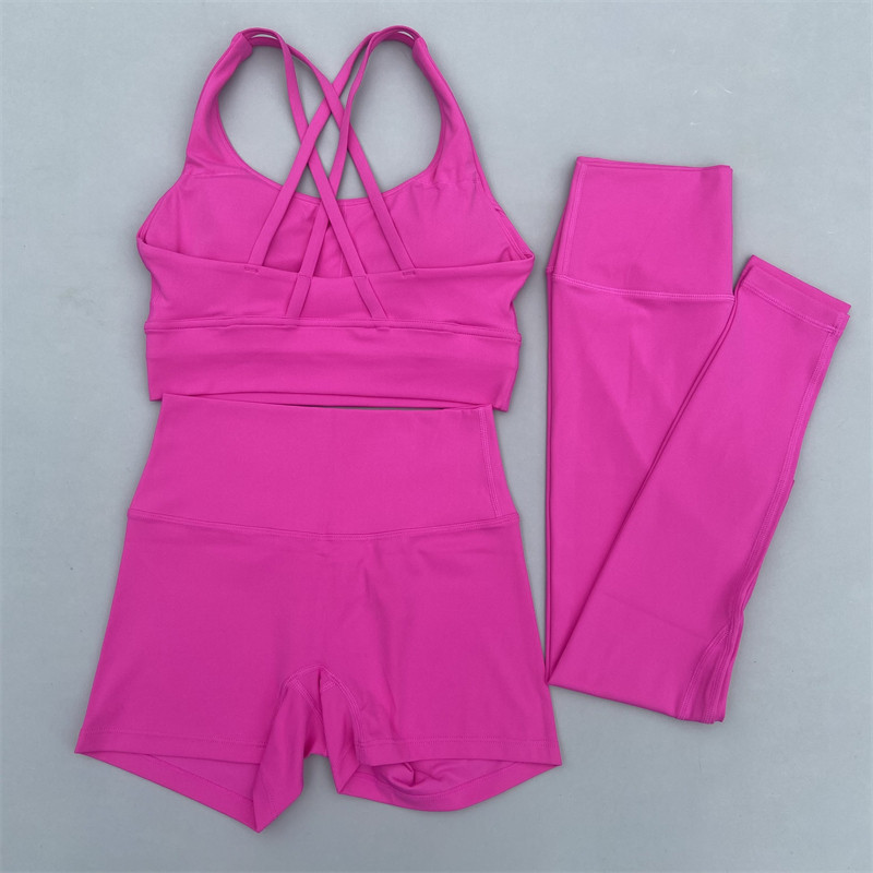 Σετ γυμναστηρίου 3 τεμαχίων Γυναικείο σετ γιόγκα Κοστούμι γυμναστικής χιαστί λουριά Σουτιέν γυμναστικής Σορτς ψηλόμεσο κολάν αθλητική φόρμα για τρέξιμο