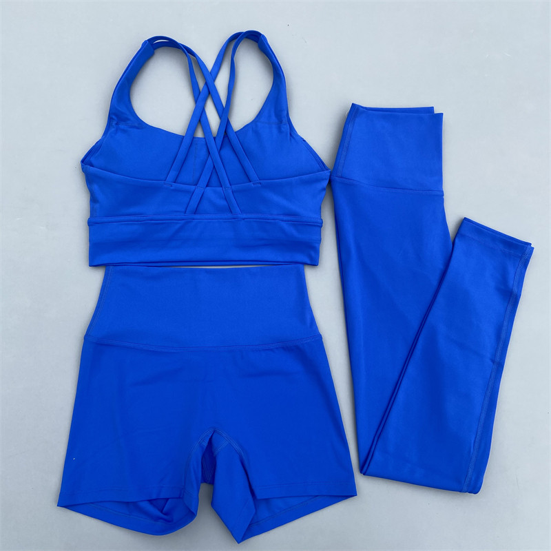 Σετ γυμναστηρίου 3 τεμαχίων Γυναικείο σετ γιόγκα Κοστούμι γυμναστικής χιαστί λουριά Σουτιέν γυμναστικής Σορτς ψηλόμεσο κολάν αθλητική φόρμα για τρέξιμο