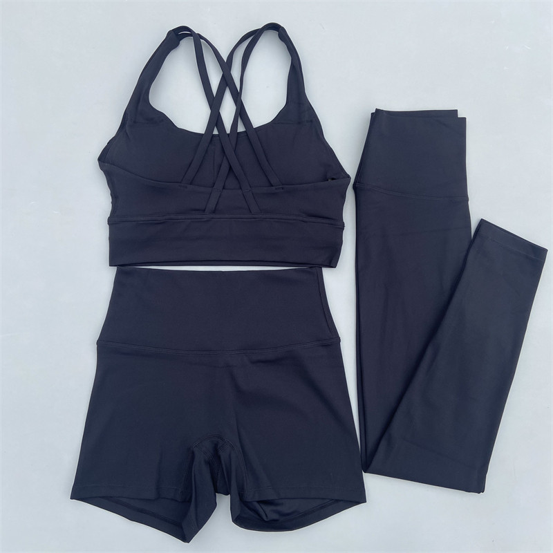 Σετ γυμναστηρίου 3 τεμαχίων Γυναικείο σετ γιόγκα Κοστούμι γυμναστικής χιαστί λουριά Σουτιέν γυμναστικής Σορτς ψηλόμεσο κολάν αθλητική φόρμα για τρέξιμο