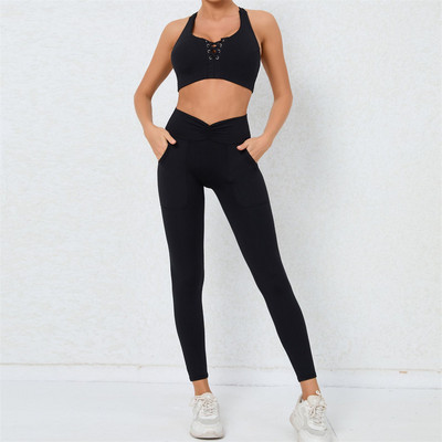 2024. gada 1/2GAB neilona mežģīņu apgriezts sporta krūšturis, sieviešu jogas komplekts vingrošanas šorti, necaurlaidīgi legingi treniņam kabatas biksu fitnesa aktīvais tērps