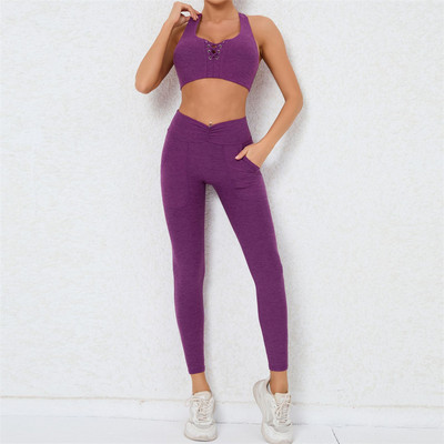 2024. gada 1/2GAB neilona mežģīņu apgriezts sporta krūšturis, sieviešu jogas komplekts vingrošanas šorti, necaurlaidīgi legingi treniņam kabatas biksu fitnesa aktīvais tērps