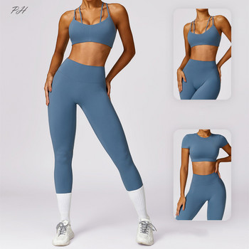 2024 Нов комплект за йога Дамски анцуг за работа навън Укорочена риза с къси ръкави Горнища Спортни клинове Комплект бързосъхнещи спортни облекла за фитнес бягане