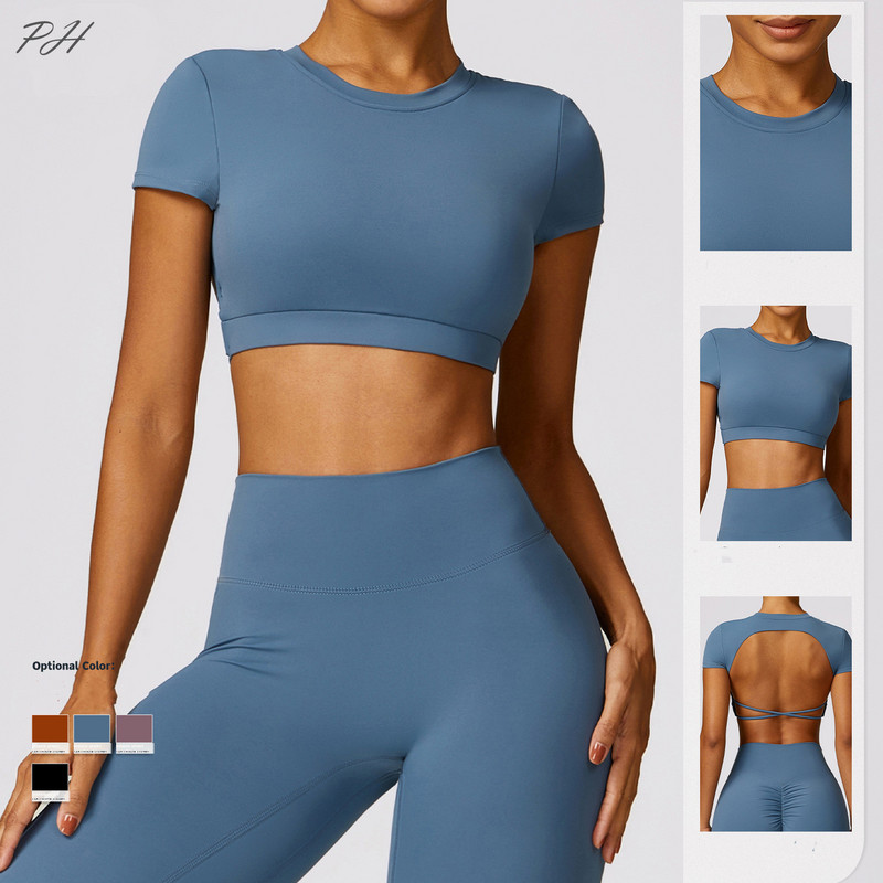 2024. gada jauns jogas komplekts sievietēm, treniņtērps Crop, krekls ar īsām piedurknēm, topi Sporta legingi, ātri nožūstošs fitnesa skriešanas sporta apģērbs