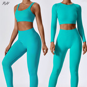 Õmblusteta hingav joogakomplekt Naiste liibuv spordikomplekt, pikkade varrukatega, kõrge vöökohaga retuusid, treeniv jooksukostüüm