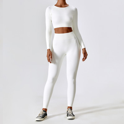 Õmblusteta hingav joogakomplekt Naiste liibuv spordikomplekt, pikkade varrukatega, kõrge vöökohaga retuusid, treeniv jooksukostüüm