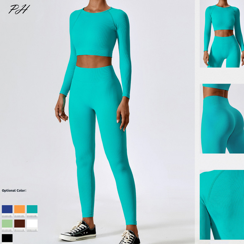 Õmblusteta hingav joogakomplekt Naiste liibuv spordikomplekt, pikkade varrukatega, kõrge vöökohaga retuusid, treeniv jooksukostüüm