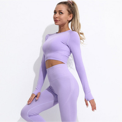 Naiste spordirõivaste komplekt, pikkade varrukatega kärbitud ülaosa, elutähtsad õmblusteta retuusid, kõrge vööga kaheosalised joogariided treeningsaaliriietus