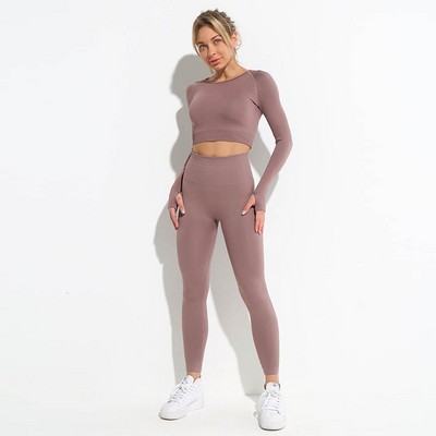 Naiste spordirõivaste komplekt, pikkade varrukatega kärbitud ülaosa, elutähtsad õmblusteta retuusid, kõrge vööga kaheosalised joogariided treeningsaaliriietus