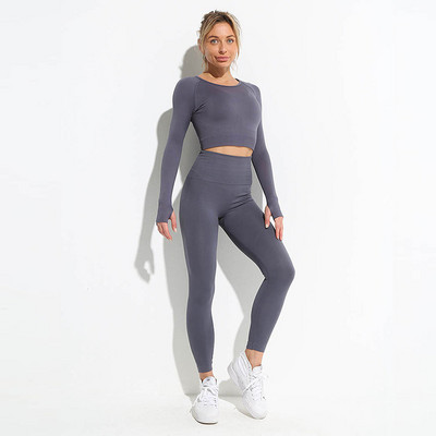 Naiste spordirõivaste komplekt, pikkade varrukatega kärbitud ülaosa, elutähtsad õmblusteta retuusid, kõrge vööga kaheosalised joogariided treeningsaaliriietus