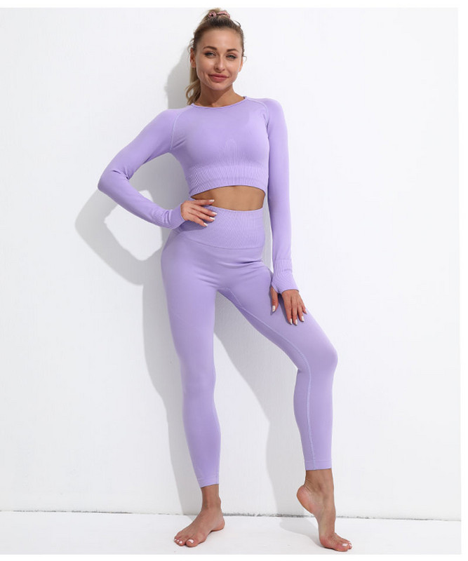 Naiste spordirõivaste komplekt, pikkade varrukatega kärbitud ülaosa, elutähtsad õmblusteta retuusid, kõrge vööga kaheosalised joogariided treeningsaaliriietus