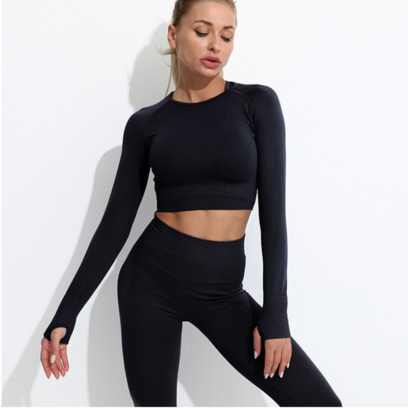 Naiste spordirõivaste komplekt, pikkade varrukatega kärbitud ülaosa, elutähtsad õmblusteta retuusid, kõrge vööga kaheosalised joogariided treeningsaaliriietus