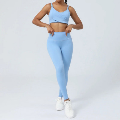 Nude Yoga Set Moterų kryžminė nugaros sportinė liemenėlė aukštu juosmeniu pakelianti devynių taškų kelnės Dviejų dalių rinkinys Oranžinė Mėlyna Žalia Violetinė Juoda