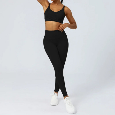 Nude Yoga Set Moterų kryžminė nugaros sportinė liemenėlė aukštu juosmeniu pakelianti devynių taškų kelnės Dviejų dalių rinkinys Oranžinė Mėlyna Žalia Violetinė Juoda