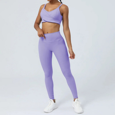 Nude Yoga Set Moterų kryžminė nugaros sportinė liemenėlė aukštu juosmeniu pakelianti devynių taškų kelnės Dviejų dalių rinkinys Oranžinė Mėlyna Žalia Violetinė Juoda