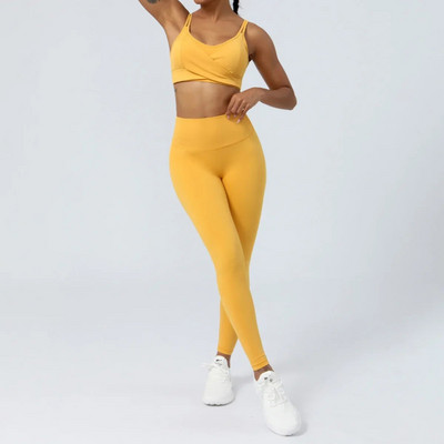 Nude Yoga Set Moterų kryžminė nugaros sportinė liemenėlė aukštu juosmeniu pakelianti devynių taškų kelnės Dviejų dalių rinkinys Oranžinė Mėlyna Žalia Violetinė Juoda