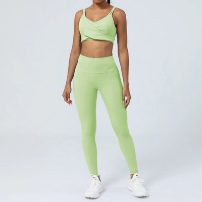 Nude Yoga Set Moterų kryžminė nugaros sportinė liemenėlė aukštu juosmeniu pakelianti devynių taškų kelnės Dviejų dalių rinkinys Oranžinė Mėlyna Žalia Violetinė Juoda