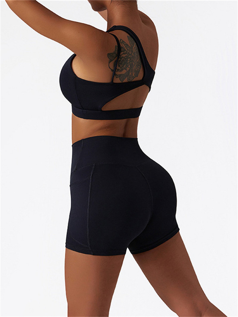 2 gab Jogas komplekts sievietēm, viens plecs, izgriezts, apgriezts sporta krūšturis, skriešanas treniņš ar augstu vidukli, īss apģērbs, fitnesa bezšuvju sporta tērpi