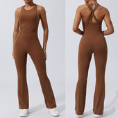 2024 XL Bandage Back Set Yoga Squat Proof One Piece Jumpsuits Sport Fitness Dance Flare leging παντελόνι προπόνησης Γυναικεία ενεργά κοστούμια