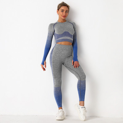 Új, 2 részes tornatermi szett edzésruhák női fitnesz hosszú ujjú Crop Top Seamless Scrunch Butt leggings jóga sportruhák