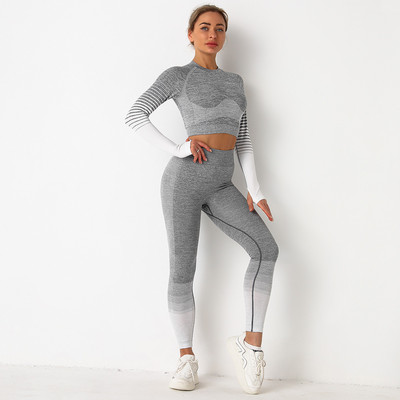 Új, 2 részes tornatermi szett edzésruhák női fitnesz hosszú ujjú Crop Top Seamless Scrunch Butt leggings jóga sportruhák