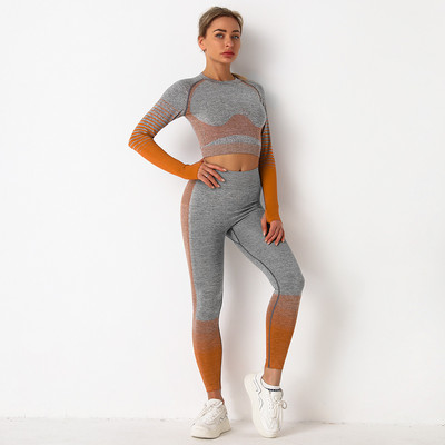 Új, 2 részes tornatermi szett edzésruhák női fitnesz hosszú ujjú Crop Top Seamless Scrunch Butt leggings jóga sportruhák