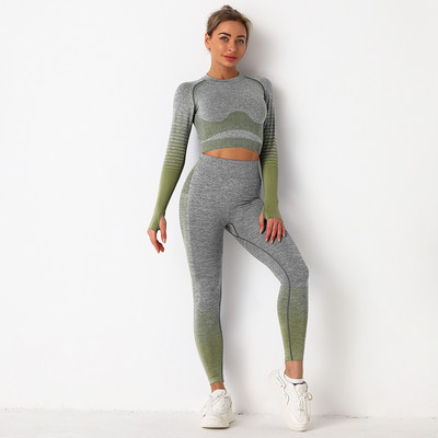 Új, 2 részes tornatermi szett edzésruhák női fitnesz hosszú ujjú Crop Top Seamless Scrunch Butt leggings jóga sportruhák