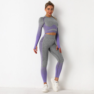 Új, 2 részes tornatermi szett edzésruhák női fitnesz hosszú ujjú Crop Top Seamless Scrunch Butt leggings jóga sportruhák