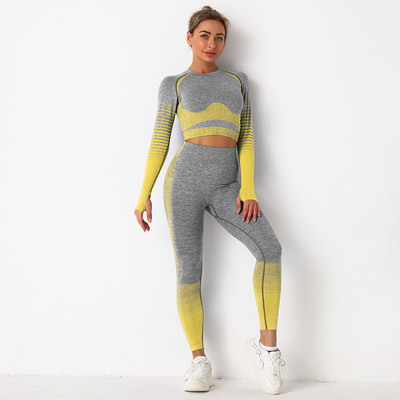 Új, 2 részes tornatermi szett edzésruhák női fitnesz hosszú ujjú Crop Top Seamless Scrunch Butt leggings jóga sportruhák