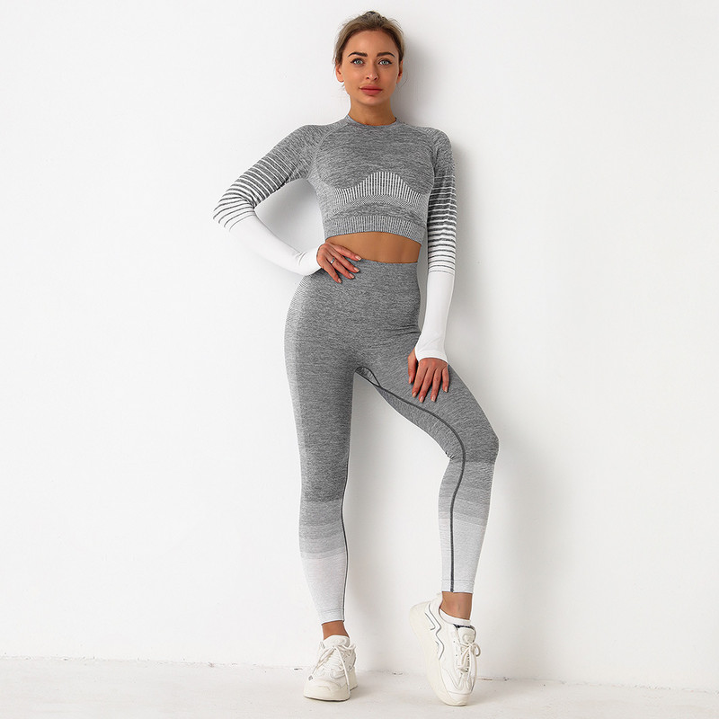 Új, 2 részes tornatermi szett edzésruhák női fitnesz hosszú ujjú Crop Top Seamless Scrunch Butt leggings jóga sportruhák