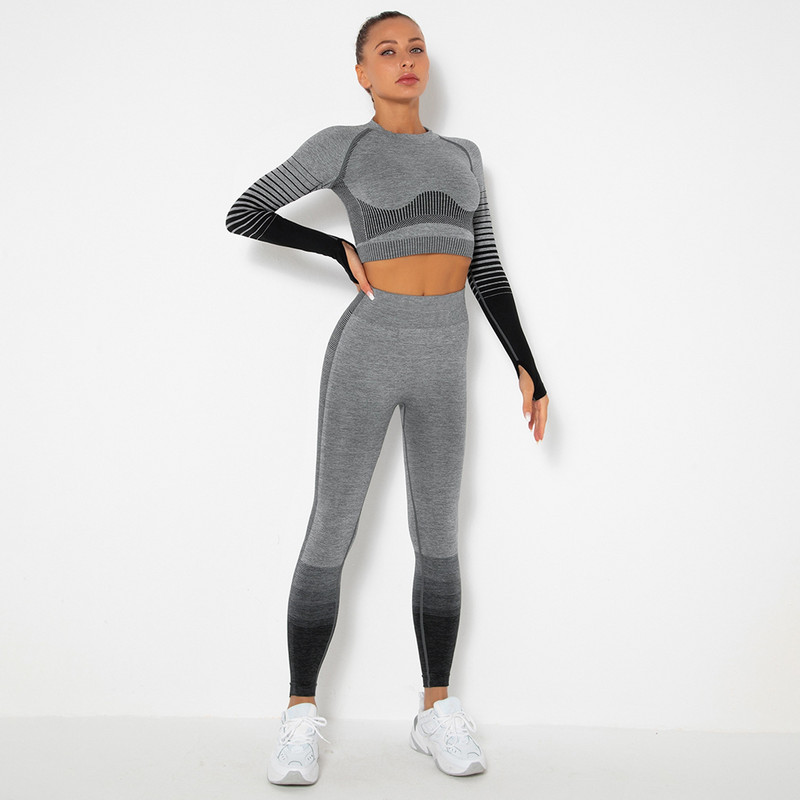 Új, 2 részes tornatermi szett edzésruhák női fitnesz hosszú ujjú Crop Top Seamless Scrunch Butt leggings jóga sportruhák