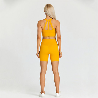 Egyszínű női sportruha, magas derekú, rövid fitneszmelltartó 2db zsebes rövid lábszárú jógakészlettel Ride Gym Workout edzés