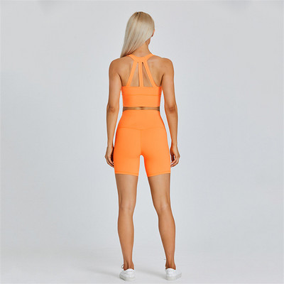 Egyszínű női sportruha, magas derekú, rövid fitneszmelltartó 2db zsebes rövid lábszárú jógakészlettel Ride Gym Workout edzés