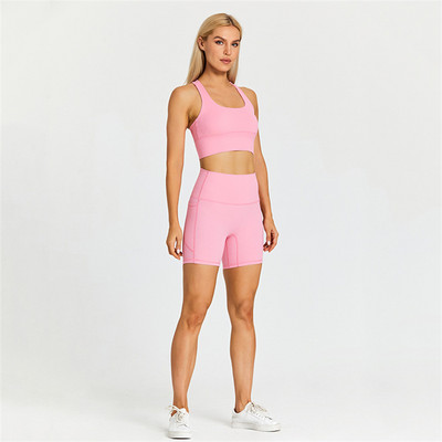 Egyszínű női sportruha, magas derekú, rövid fitneszmelltartó 2db zsebes rövid lábszárú jógakészlettel Ride Gym Workout edzés