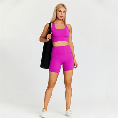 Egyszínű női sportruha, magas derekú, rövid fitneszmelltartó 2db zsebes rövid lábszárú jógakészlettel Ride Gym Workout edzés