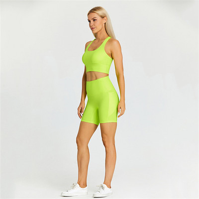 Egyszínű női sportruha, magas derekú, rövid fitneszmelltartó 2db zsebes rövid lábszárú jógakészlettel Ride Gym Workout edzés